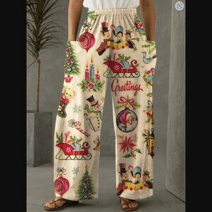 Christmas Fun Pajama Lounge Pants Wide Leg Holiday Vintage Print sz L NEW